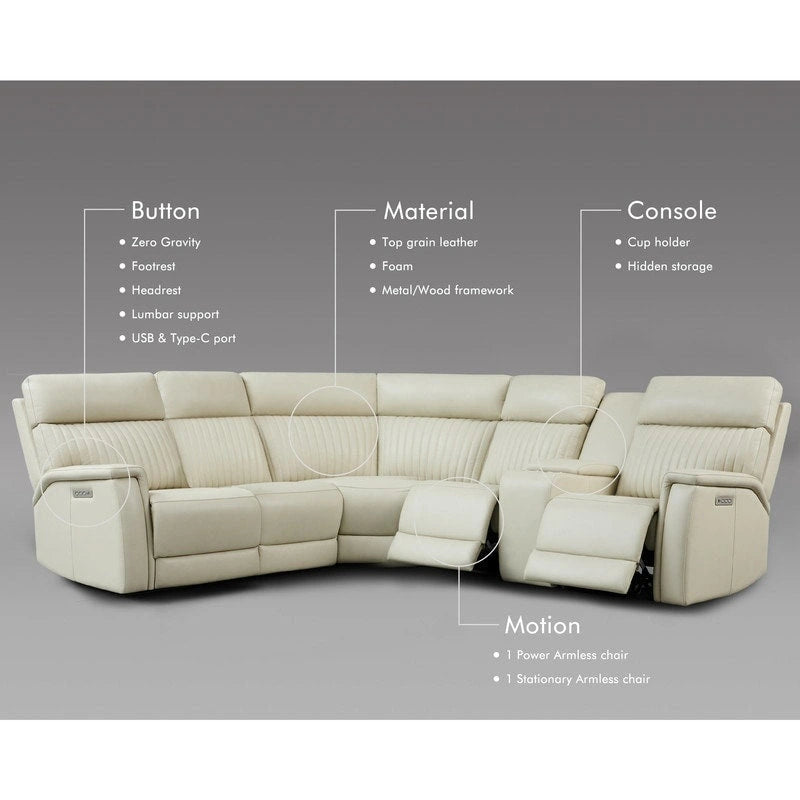 Canapé d'angle inclinable électrique en cuir véritable avec console, appui-tête réglable, ports USB et USB-C, 1 fauteuil sans accoudoirs électrique