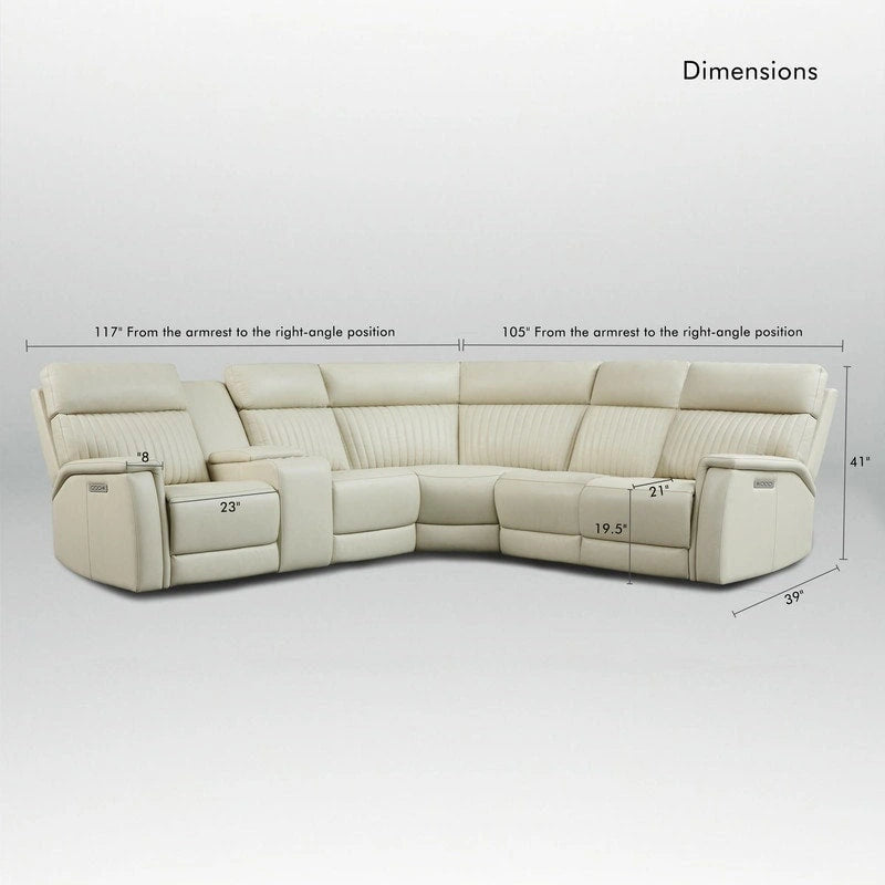 Canapé d'angle inclinable électrique en cuir véritable avec console, appui-tête réglable, ports USB et USB-C, 1 fauteuil sans accoudoirs électrique