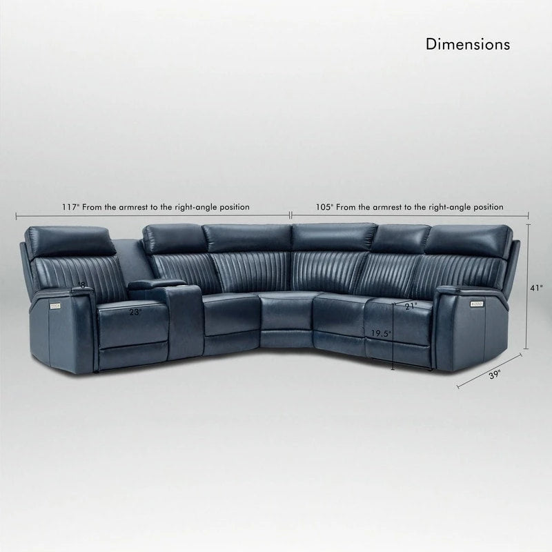 Canapé d'angle inclinable électrique en cuir véritable avec console, appui-tête réglable, ports USB et USB-C, 1 fauteuil sans accoudoirs électrique