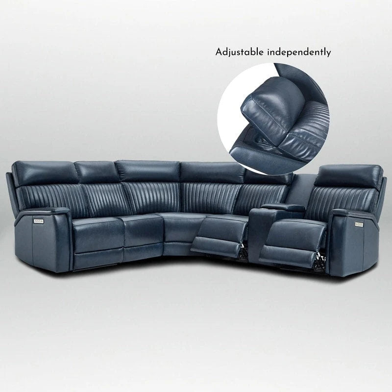 Canapé d'angle inclinable électrique en cuir véritable avec console, appui-tête réglable, ports USB et USB-C, 1 fauteuil sans accoudoirs électrique
