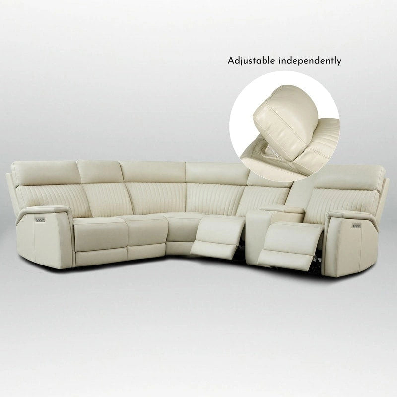 Canapé d'angle inclinable électrique en cuir véritable avec console, appui-tête réglable, ports USB et USB-C, 1 fauteuil sans accoudoirs électrique