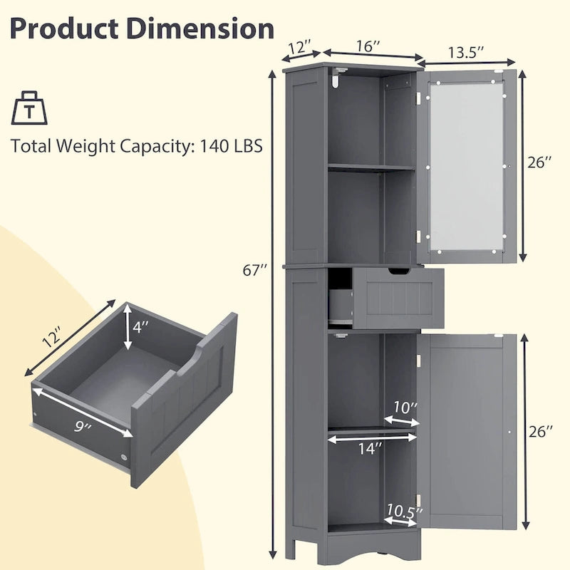 Costway Bathroom Tall Cabinet Freestanding Linen Tower with Doors & - See Details
