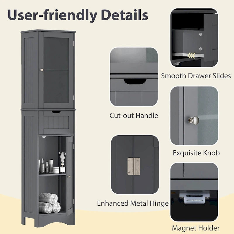 Costway Bathroom Tall Cabinet Freestanding Linen Tower with Doors & - See Details
