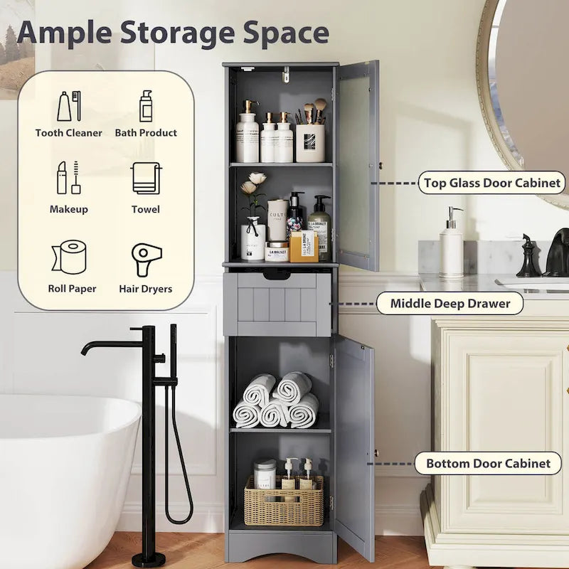 Costway Bathroom Tall Cabinet Freestanding Linen Tower with Doors & - See Details