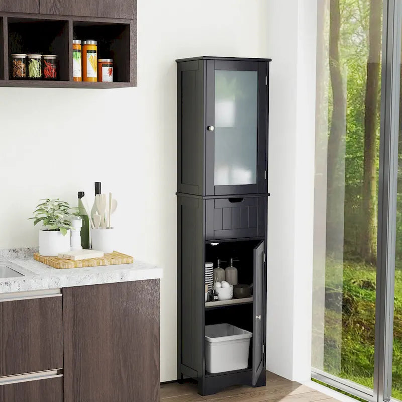 Costway Bathroom Tall Cabinet Freestanding Linen Tower with Doors & - See Details