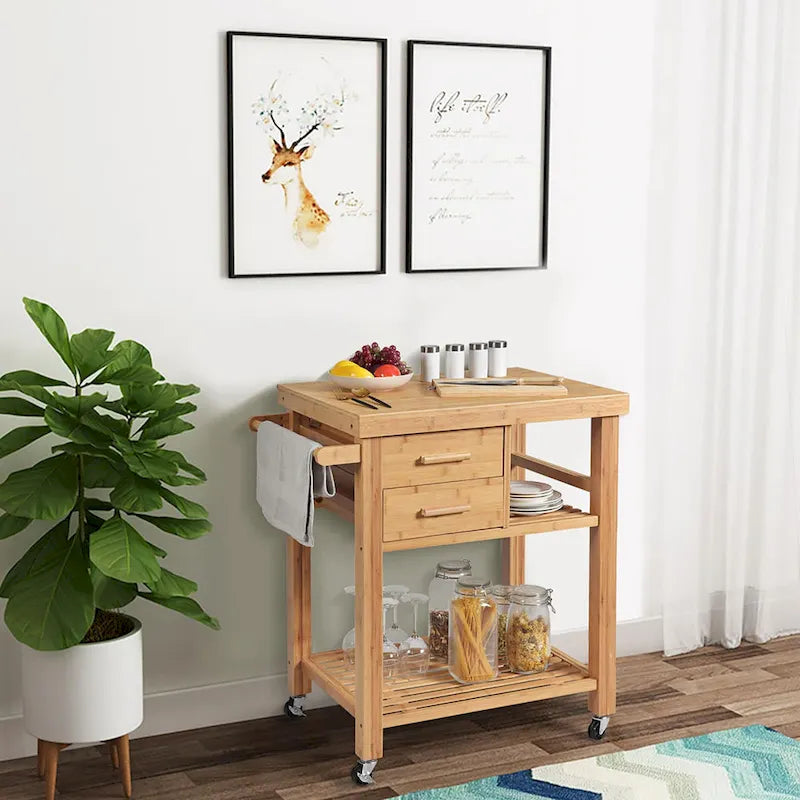 Costway Bamboo Kitchen Trolley Cart Wood Rolling Island w/ Tower Rack