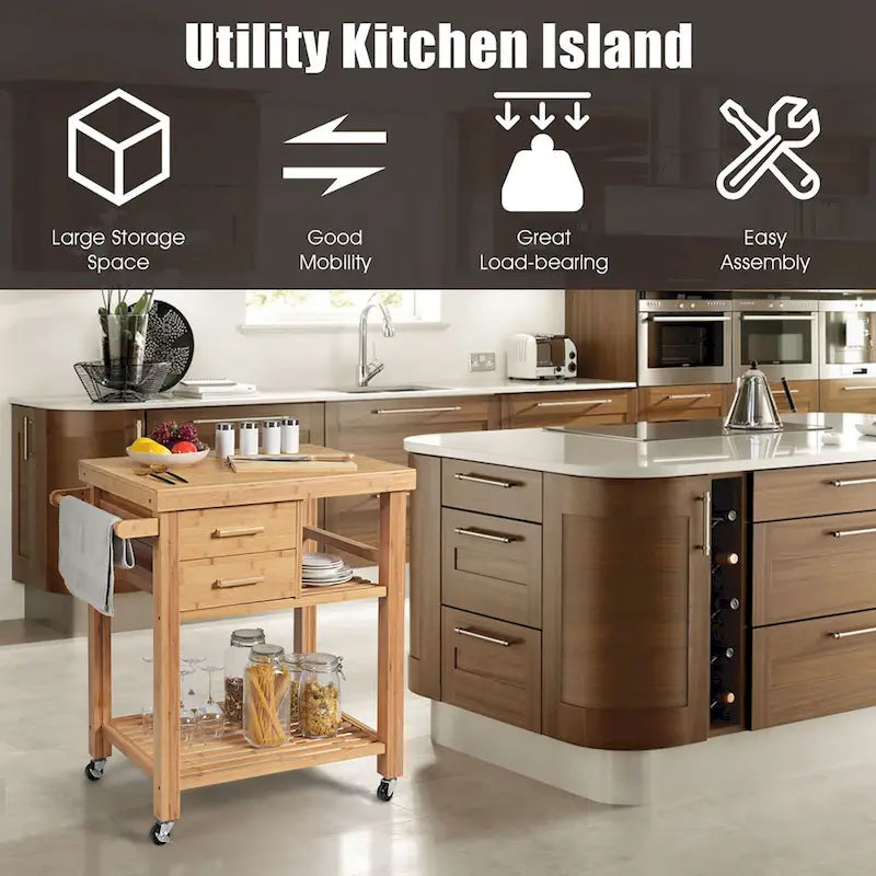 Costway Bamboo Kitchen Trolley Cart Wood Rolling Island w/ Tower Rack