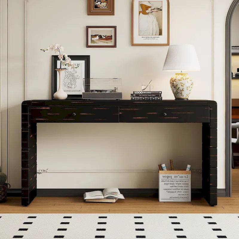 Curved Wooden Entryway Console Table with Storage, 2 Drawers, Rustic