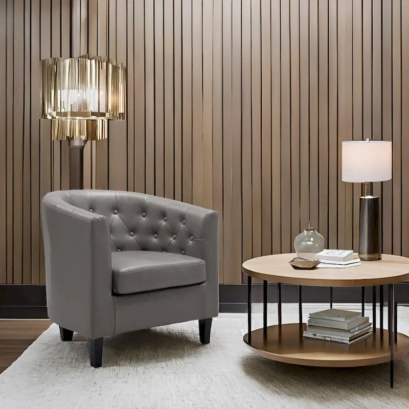 Fauteuil d'appoint, Fauteuil club en similicuir capitonné, Fauteuil d'appoint moderne du milieu du siècle, Fauteuil confortable, Fauteuils club en forme de tonneau