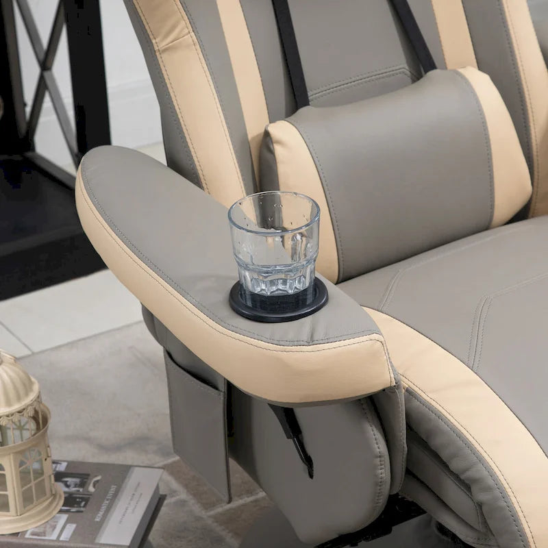 PU Leather Manual Recliner Chair with 135 Recline, Adjustable Footrest, 360 Swivel, Cup Holders and Storage Pockets