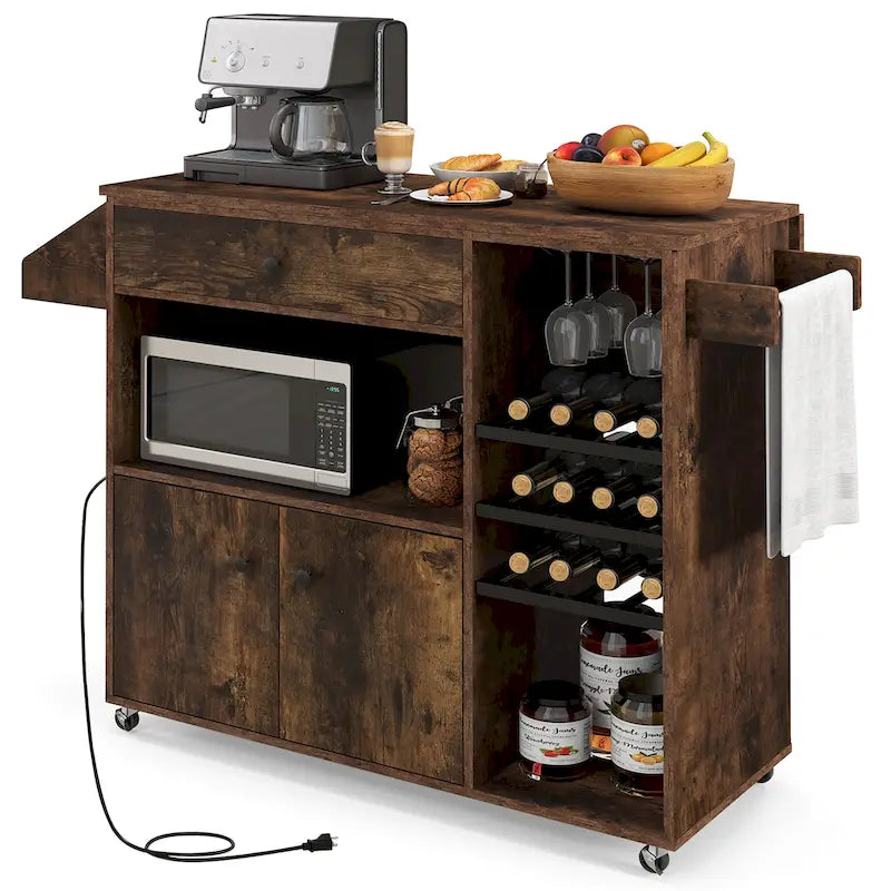 Gymax Kitchen Island Cart w/ Drop-Leaf & Power Outlet Microwave Shelf