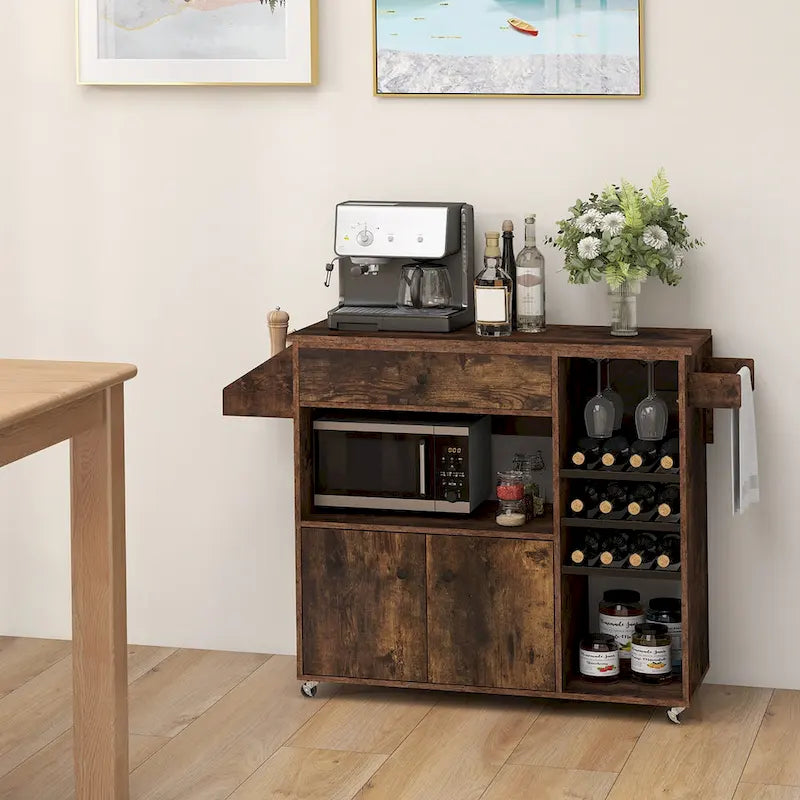 Gymax Kitchen Island Cart w/ Drop-Leaf & Power Outlet Microwave Shelf