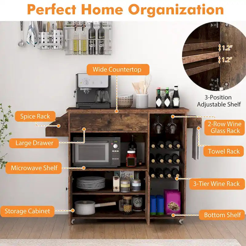 Gymax Kitchen Island Cart w/ Drop-Leaf & Power Outlet Microwave Shelf