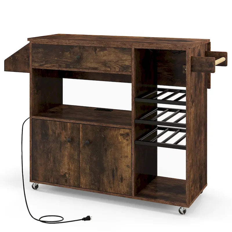 Gymax Kitchen Island Cart w/ Drop-Leaf & Power Outlet Microwave Shelf