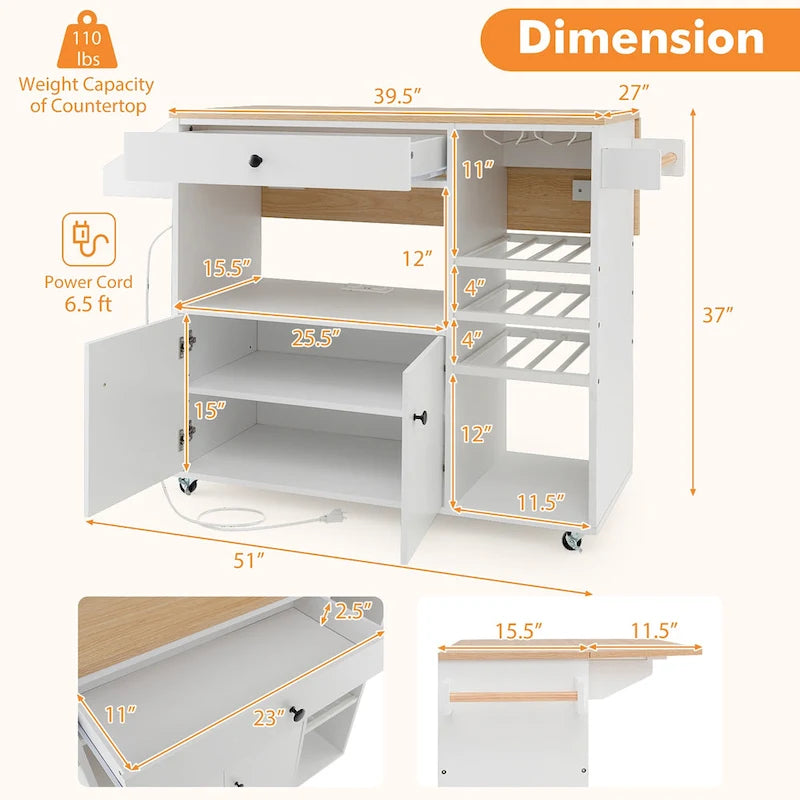 Gymax Kitchen Island Cart w/ Drop-Leaf & Power Outlet Microwave Shelf