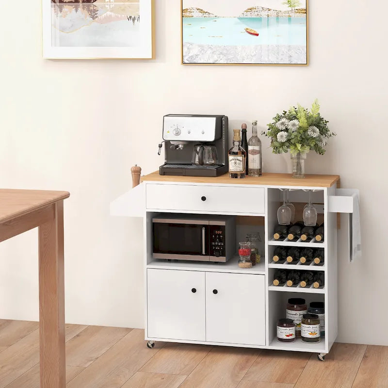 Gymax Kitchen Island Cart w/ Drop-Leaf & Power Outlet Microwave Shelf