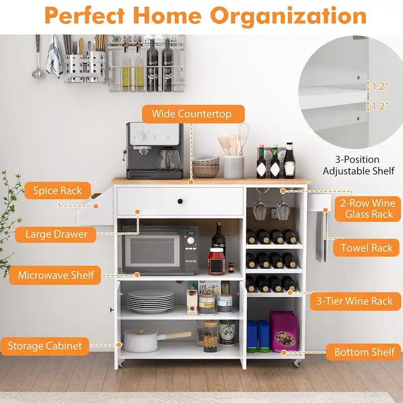 Gymax Kitchen Island Cart w/ Drop-Leaf & Power Outlet Microwave Shelf