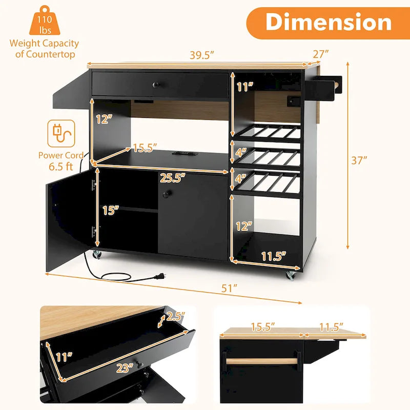 Gymax Kitchen Island Cart w/ Drop-Leaf & Power Outlet Microwave Shelf
