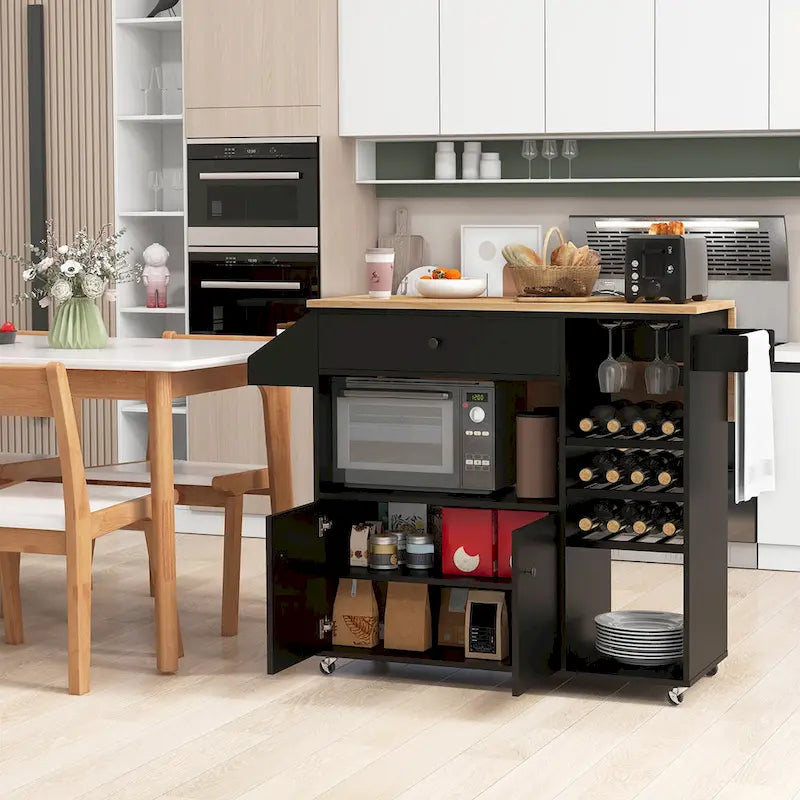 Gymax Kitchen Island Cart w/ Drop-Leaf & Power Outlet Microwave Shelf