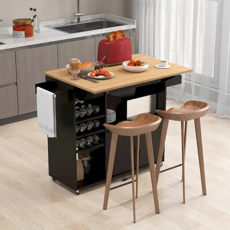 Gymax Kitchen Island Cart w/ Drop-Leaf & Power Outlet Microwave Shelf