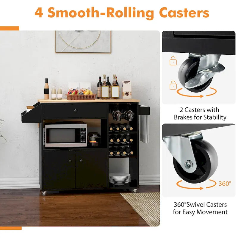 Gymax Kitchen Island Cart w/ Drop-Leaf & Power Outlet Microwave Shelf