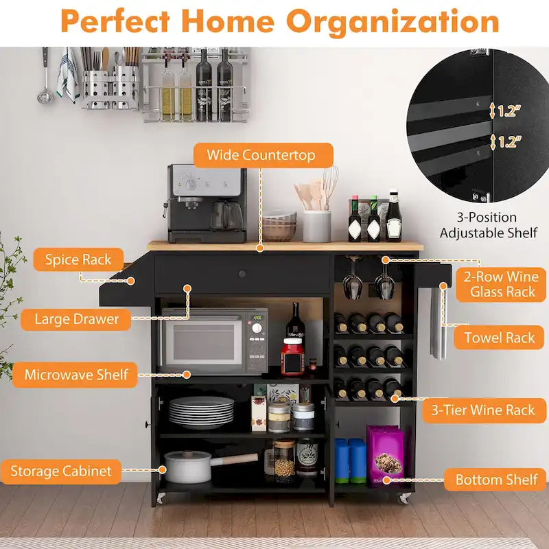 Gymax Kitchen Island Cart w/ Drop-Leaf & Power Outlet Microwave Shelf