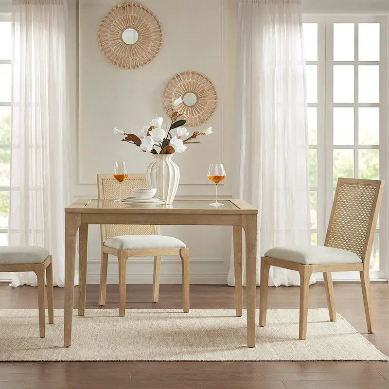 Rattan Hollow Backrest Upholstered Dining Chair Side Chair Set of 2