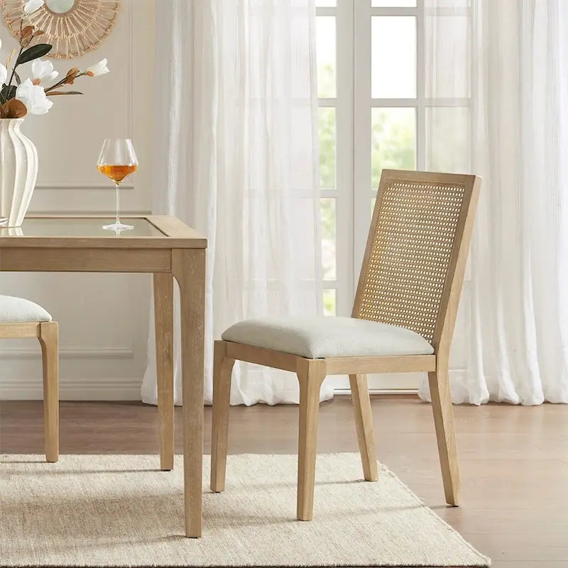 Rattan Hollow Backrest Upholstered Dining Chair Side Chair Set of 2