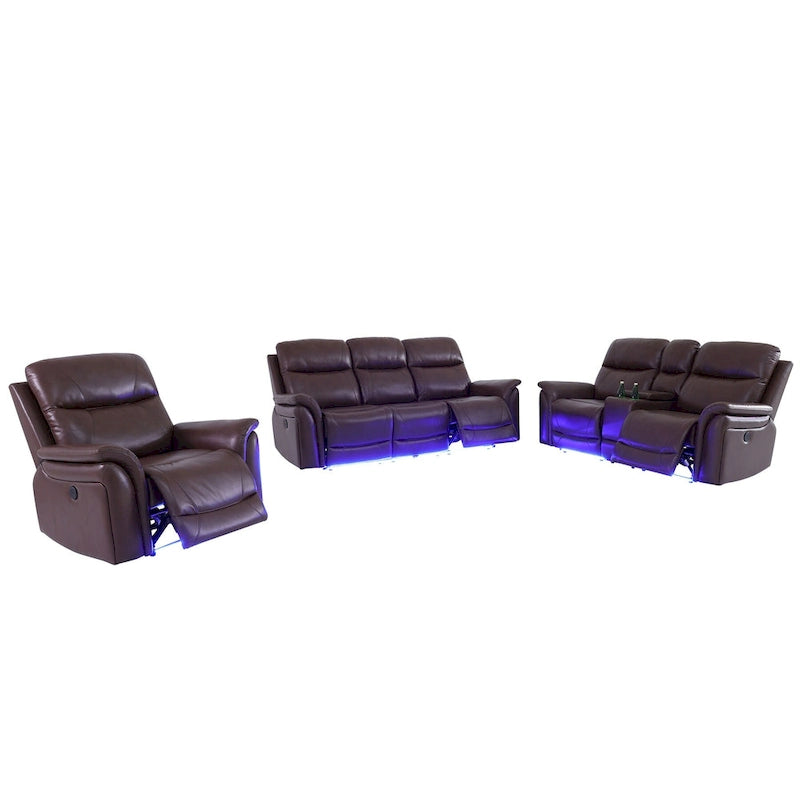 LED Breathing Leather 3-Piece Recliner Sofa Set for Living Room