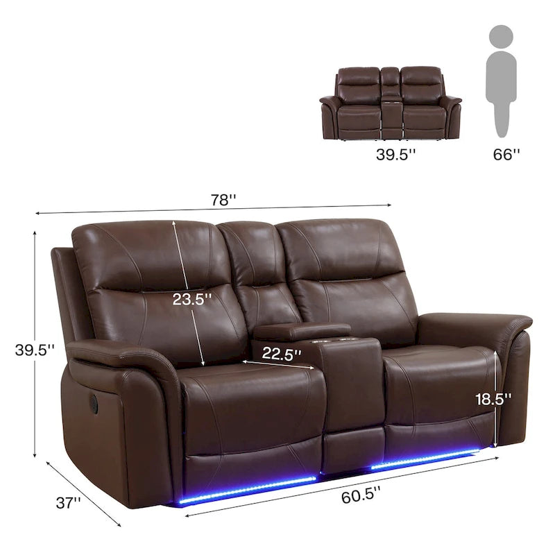 LED Breathing Leather 3-Piece Recliner Sofa Set for Living Room