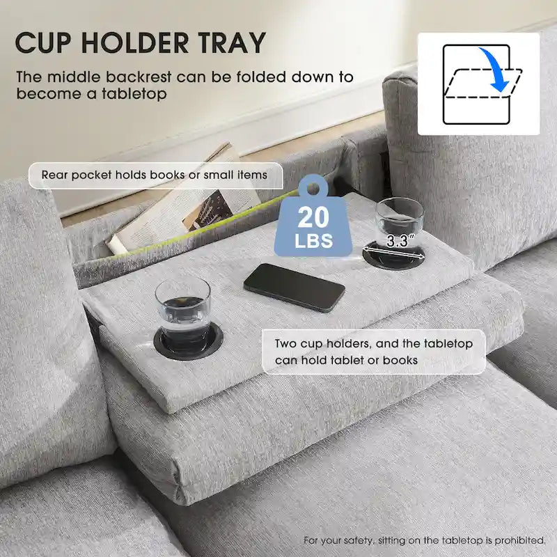 96 Chenille Smart Sectional Sofa with Bluetooth Speaker, Drop-Down Table & USB Charger and 3-Seater Cloud Couch
