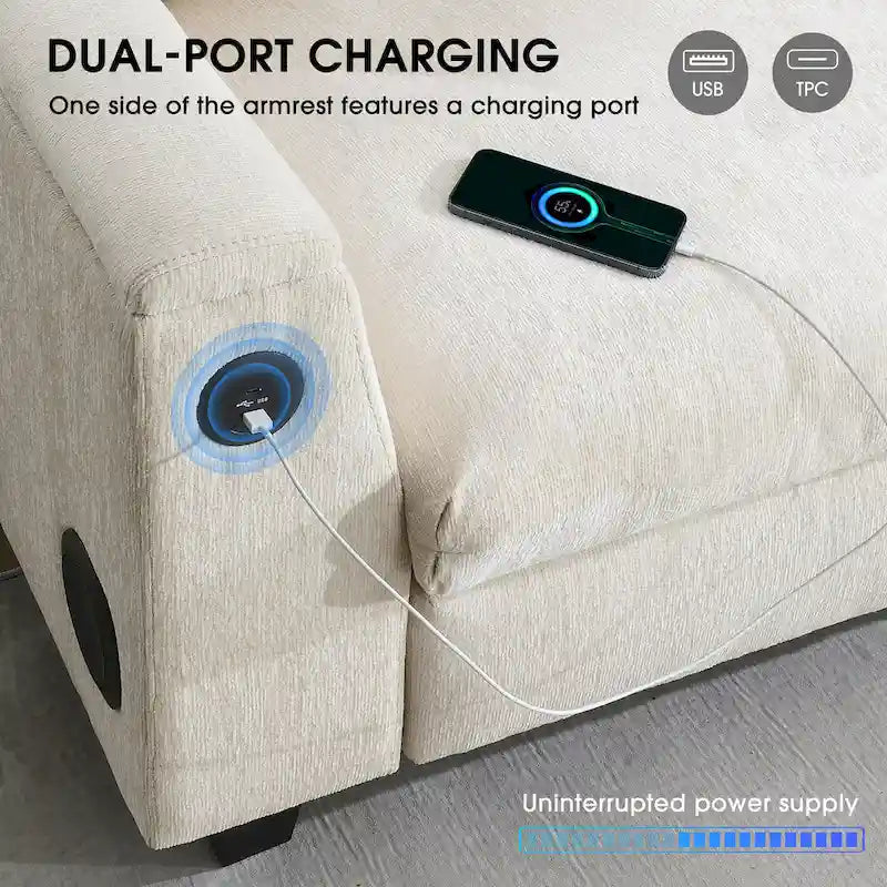 96 Chenille Smart Sectional Sofa with Bluetooth Speaker, Drop-Down Table & USB Charger and 3-Seater Cloud Couch