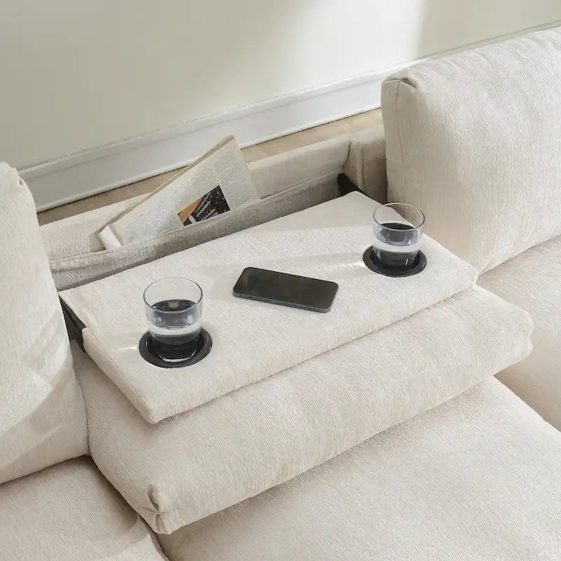 96 Chenille Smart Sectional Sofa with Bluetooth Speaker, Drop-Down Table & USB Charger and 3-Seater Cloud Couch