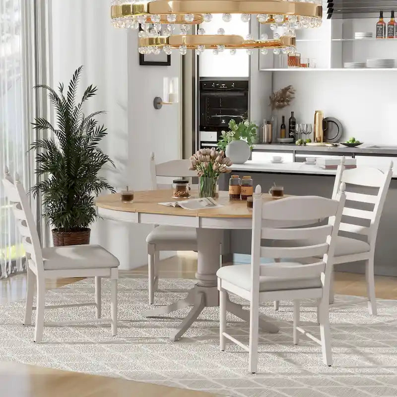 5 Piece Round Dining Table Set, Solid Wood Kitchen Table and Chair Set with Extendable Table and 4 Upholstered Chairs