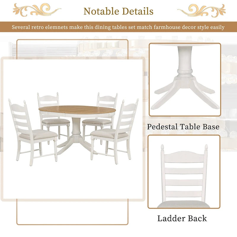 5 Piece Round Dining Table Set, Solid Wood Kitchen Table and Chair Set with Extendable Table and 4 Upholstered Chairs