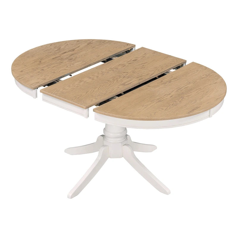 5 Piece Round Dining Table Set, Solid Wood Kitchen Table and Chair Set with Extendable Table and 4 Upholstered Chairs