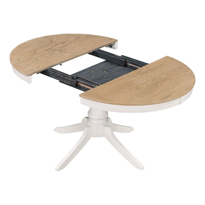 5 Piece Round Dining Table Set, Solid Wood Kitchen Table and Chair Set with Extendable Table and 4 Upholstered Chairs