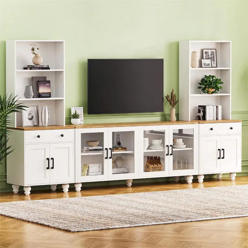 TV Stand with Bookshelves & Tempered Glass Doors, Entertainment Center with Adjustable Shelves for TVs up to 70