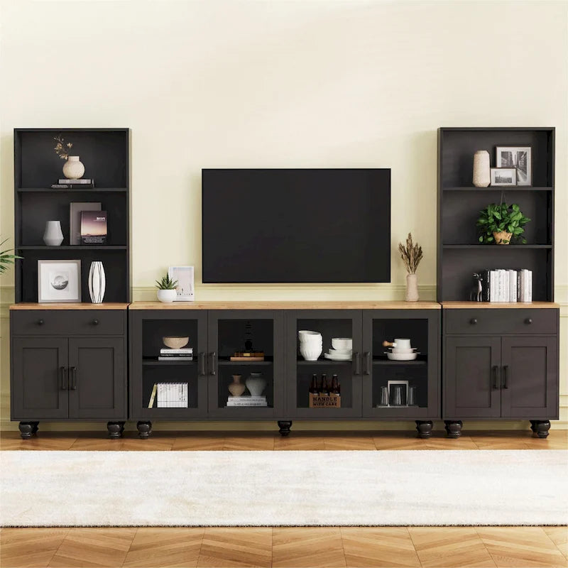 TV Stand with Bookshelves & Tempered Glass Doors, Entertainment Center with Adjustable Shelves for TVs up to 70