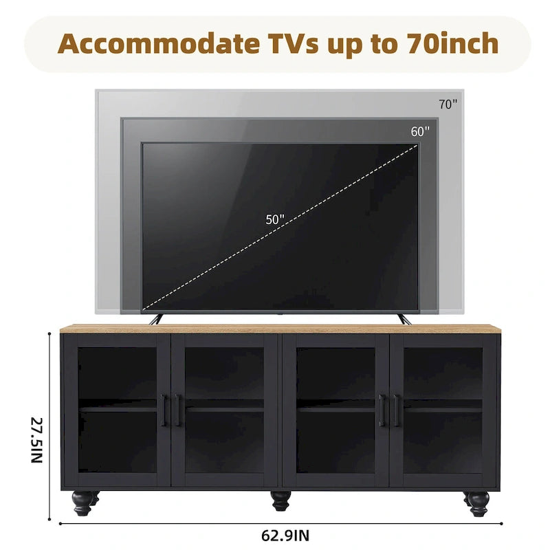 TV Stand with Bookshelves & Tempered Glass Doors, Entertainment Center with Adjustable Shelves for TVs up to 70