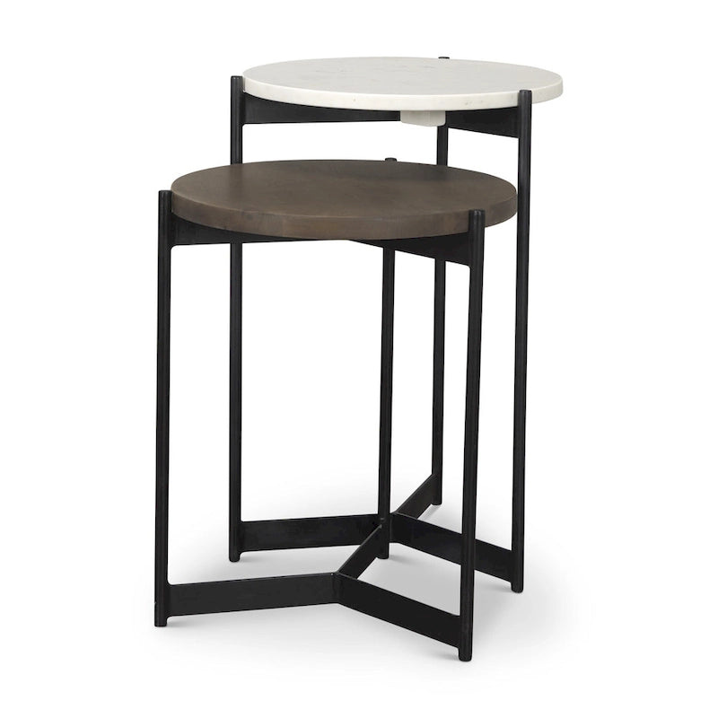 HomeRoots Set of Two Brown White and Black Marble Solid Wood and Metal Round Nested Tables - 16' X '24' X '16