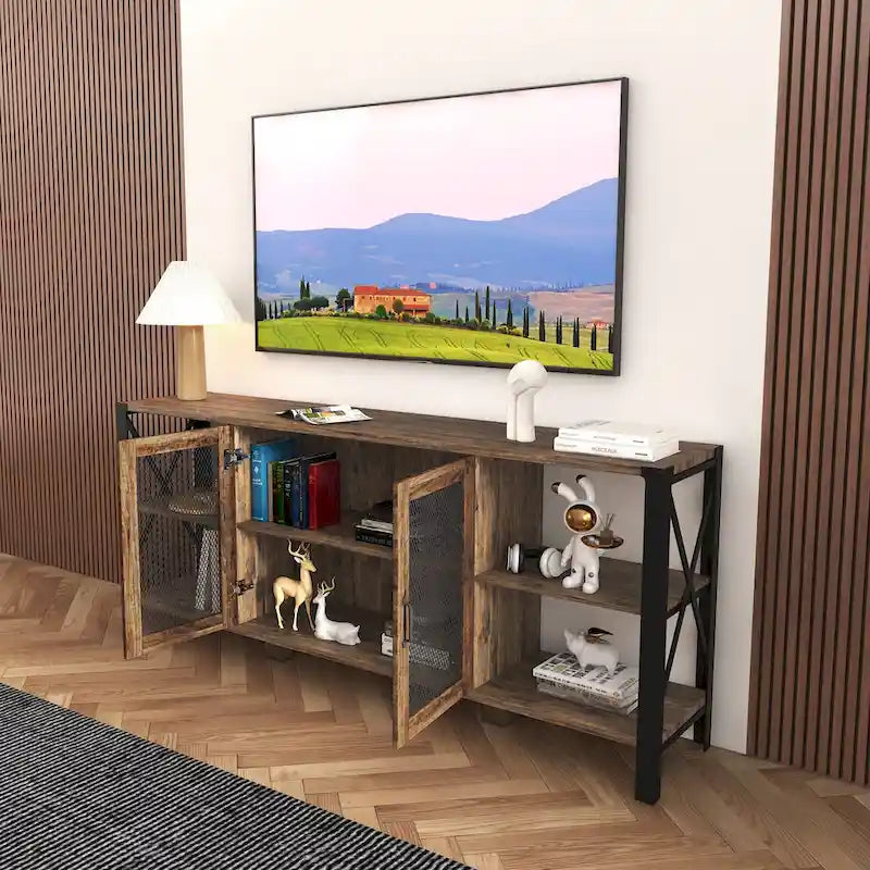 Industrial Farmhouse TV Stand with 4 Storage Shelf and 2 Storage Cabinets for Living Rooms and Kitchens