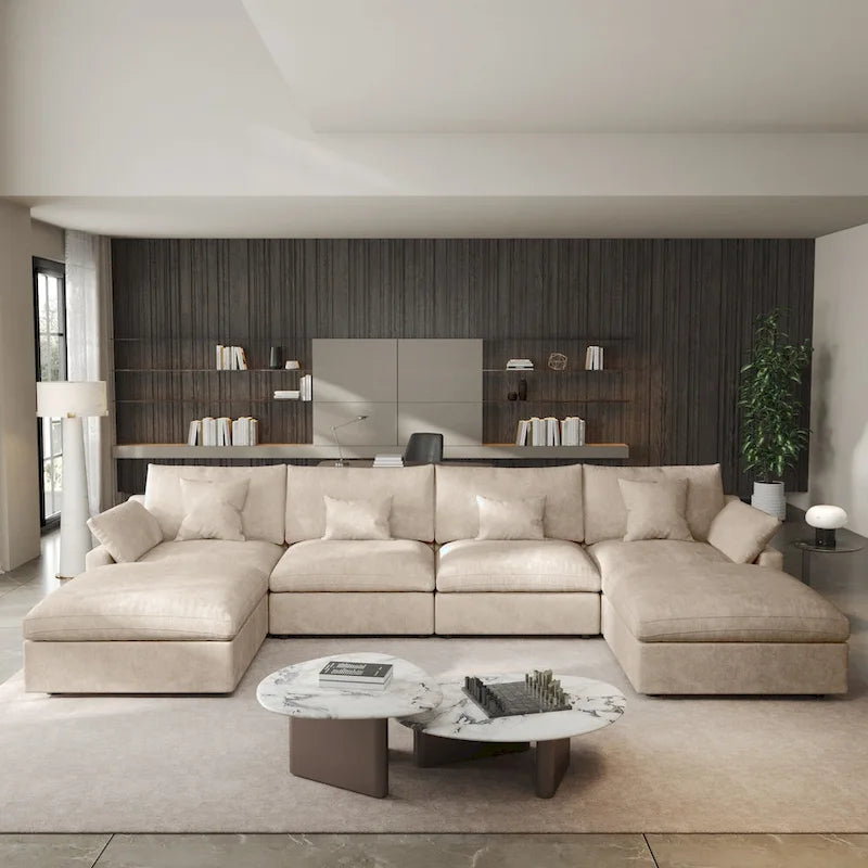 Minimalist Linen Sectional Sofa Down Filled Cloud Couch, U-Shape Deep Seat Couch with Cushions