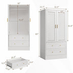Armoire de chambre avec 2 portes persiennes, armoire blanche avec tringles de suspension et 2 tiroirs, armoire de chambre moderne