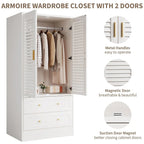 Armoire de chambre avec 2 portes persiennes, armoire blanche avec tringles de suspension et 2 tiroirs, armoire de chambre moderne