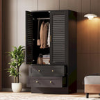 Armoire de chambre avec 2 portes persiennes, armoire blanche avec tringles de suspension et 2 tiroirs, armoire de chambre moderne