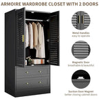 Armoire de chambre avec 2 portes persiennes, armoire blanche avec tringles de suspension et 2 tiroirs, armoire de chambre moderne