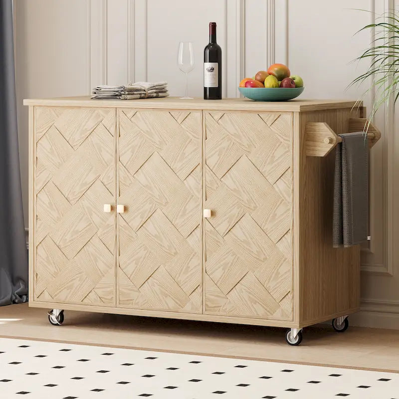 51.2W Kitchen Island with Drop Leaf, Farmhouse Kitchen Island on Wheels with Internal Storage Rack Rolling Kitchen Cart