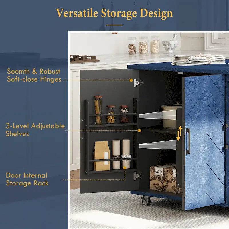 51.2W Kitchen Island with Drop Leaf, Farmhouse Kitchen Island on Wheels with Internal Storage Rack Rolling Kitchen Cart
