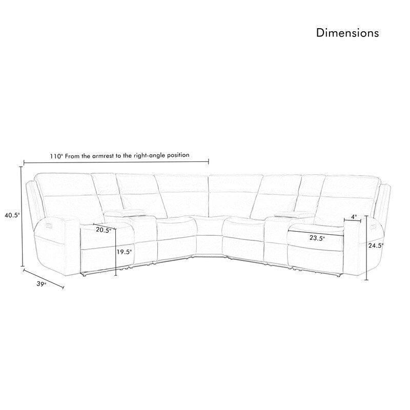 110 W Width Genuine Leather Power Recliner Sectional with Storage, USB&USB-C Port for Living Room
